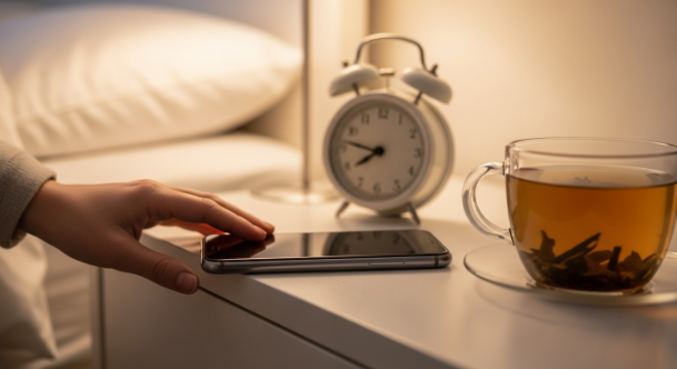 잠들기 전 스마트폰을 내려놓고 디지털 기기와 멀어지는 습관을 보여주는 손과 침대 옆 소품들