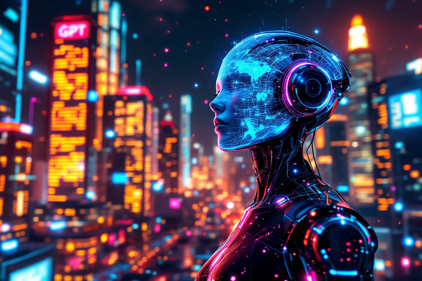 미래지향적 도시를 배경으로 서 있는 인공지능 휴머노이드의 초상 이미지. 휴머노이드의 머리에는 빛나는 디지털 지도가 표현되어 있으며, 푸른 빛과 네온 디테일이 기술적 혁신과 글로벌 연결성을 강조합니다. 주변의 고층 빌딩들은 따뜻한 오렌지와 붉은 네온 조명으로 물들어 있으며, 첨단 기술과 도시의 역동성을 담아냅니다
