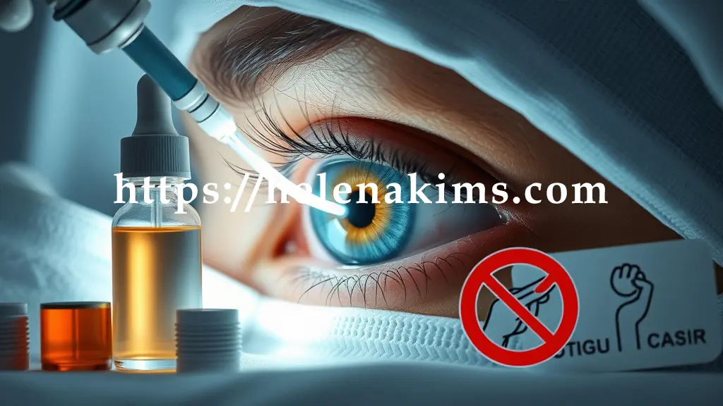 중앙의 눈동자에 레이저 광선 또는 섬세한 수술 도구가 비추는 장면. 주변에는 안약 병, 보호 안대, 금지 표시된 눈 비비기 손동작 아이콘을 배치. 수술의 정밀함과 수술 후 철저한 관리를 강조하는 이미지.