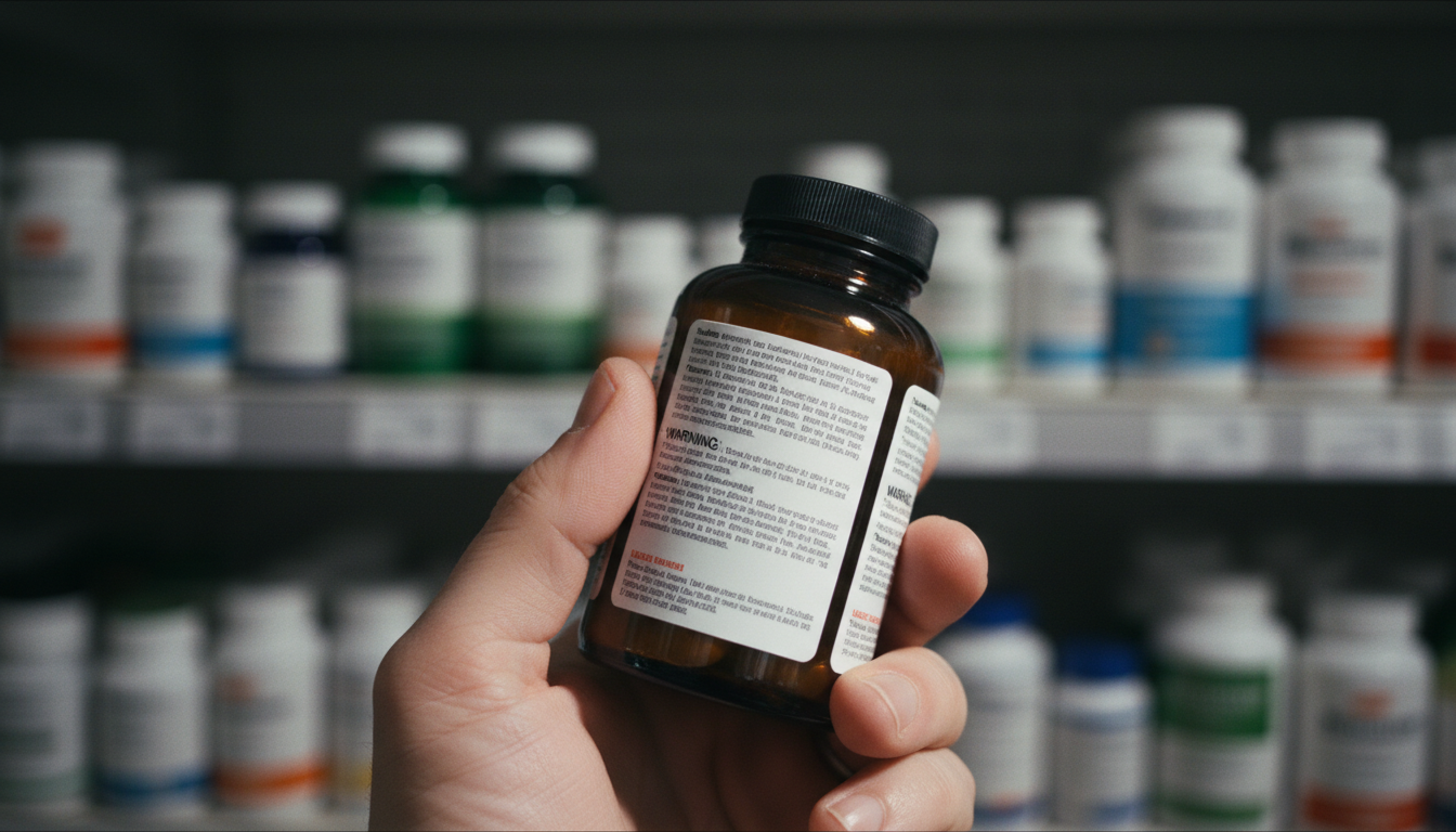 영양제 병을 들고 뒷면 라벨을 꼼꼼히 확인하는 손의 클로즈업. 초점은 라벨의 'Warning(주의사항)' 섹션에 맞춰져 있다. 배경에는 다양한 영양제 병들이 있는 선반이 흐릿하게 보인다. 조명은 라벨 확인의 중요성을 강조하듯 약간 드라마틱하다. 리얼리즘, 디테일 중심.