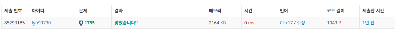 백준 BOJ 1755번 숫자놀이 문제 C++ 제출 결과