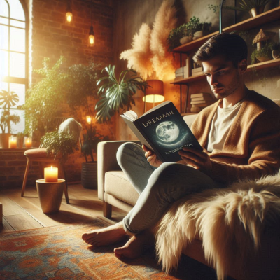 꿈에 대한 책을 읽고 있는 남성의 모습입니다. 따뜻한 불빛과 함께 독서에 집중하는 모습입니다.
