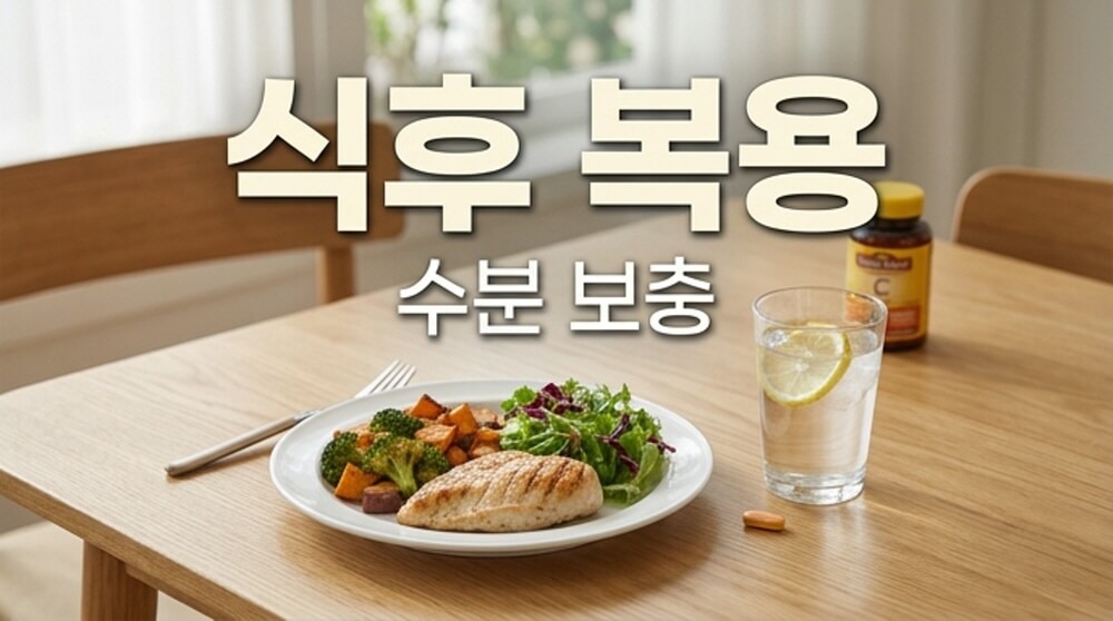 건강한 식단과 물 한 잔 옆에 놓인 비타민C 알약과 식후 복용 수분 보충 문구