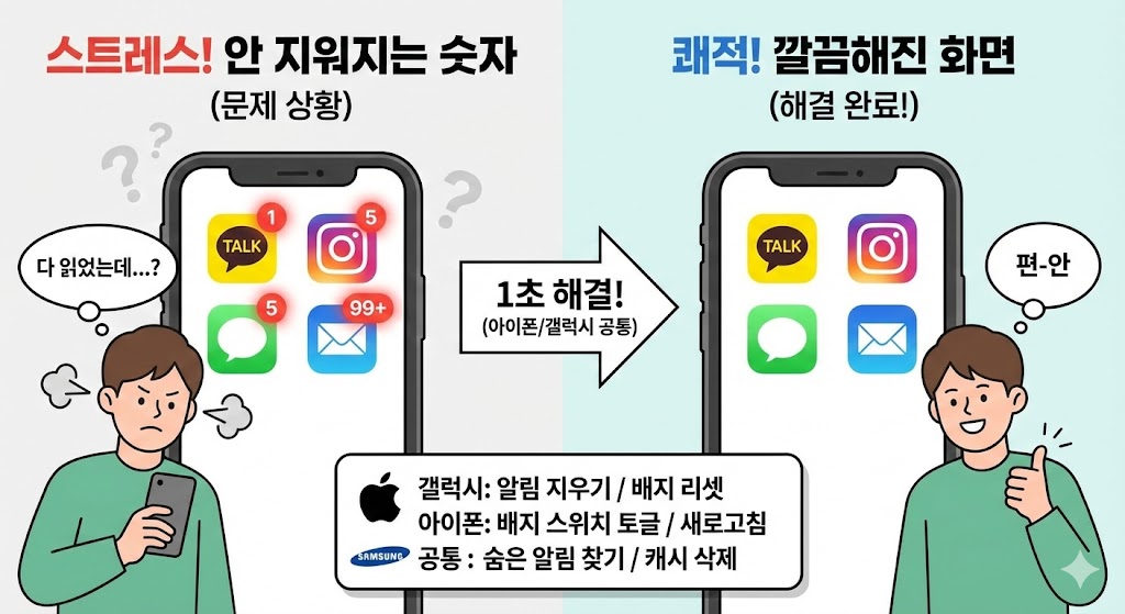 앱 아이콘 숫자(알림 배지) 1초 만에 지우는 해결법 (아이폰/갤럭시 완벽 정리)