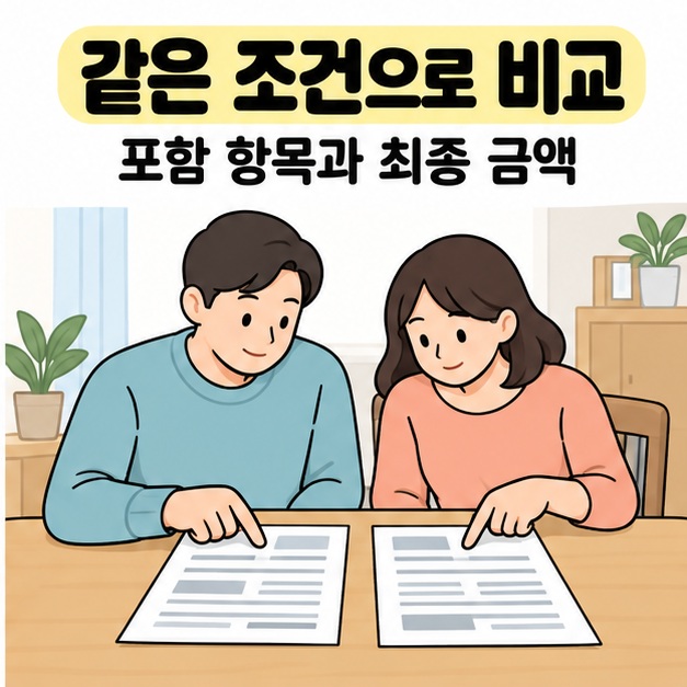 같은 조건으로 비교와 포함 항목과 최종 금액 문구 아래 식탁에 두 장의 견적서를 나란히 놓고 확인하는 부부