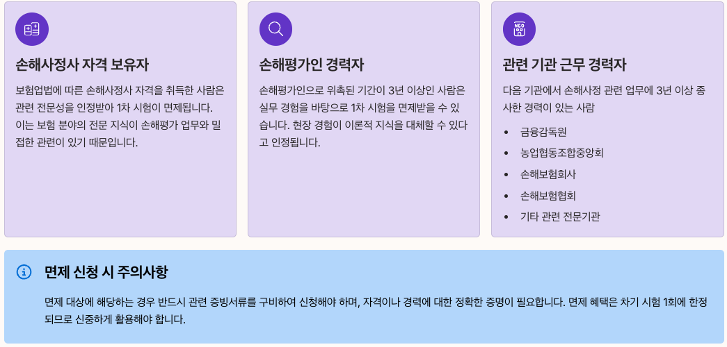 손해평가사 1차 시험 면제 대상 정리 이미지
