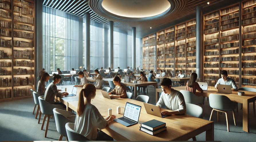 대학 도서관의 연구 공간에서 애플 랩탑으로 공부하는 학생들