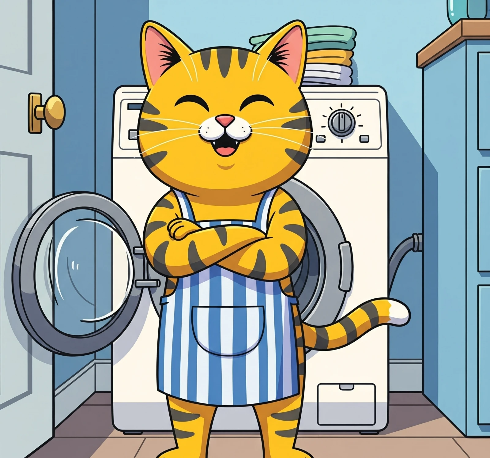 세탁기 앞에 서 있는 고양이 그림, Picture of a cat standing in front of a washing machine