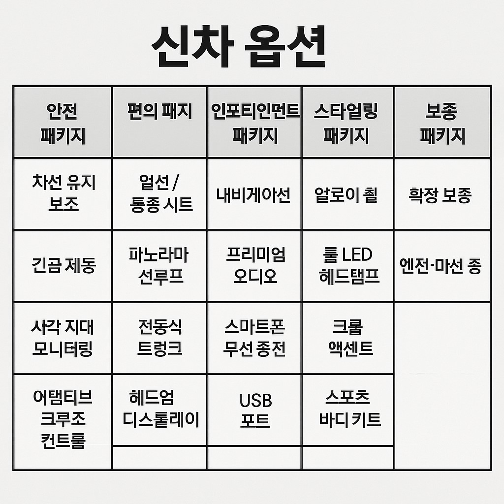 신차 옵션 비교표: 안전&middot;편의&middot;인포테인먼트&middot;스타일링&middot;보증 패키지