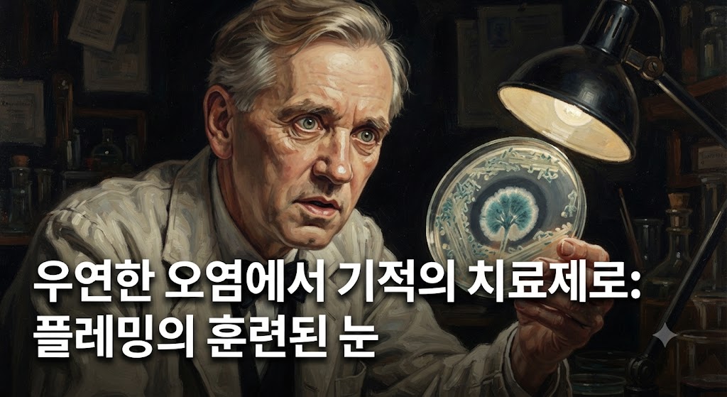 페니실린의 발견 순간을 드라마틱한 실사풍 일러스트로 구성했습니다. 1928년 플레밍의 어수선한 실험실 책상을 배경으로, 푸른 곰팡이가 피어 주변의 세균이 녹아있는(투명하게 변한) 페트리 접시를 클로즈업했습니다. 플레밍의 얼굴에는 '훈련된 눈'을 상징하는 호기심 어린 표정을 담았고, 접시 위로 빛이 쏟아지는 연출을 통해 발견의 신성함을 강조했습니다.