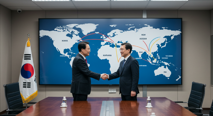 정부 관료와 기업 임원이 협력하여 새로운 무역 전략을 논의하는 모습