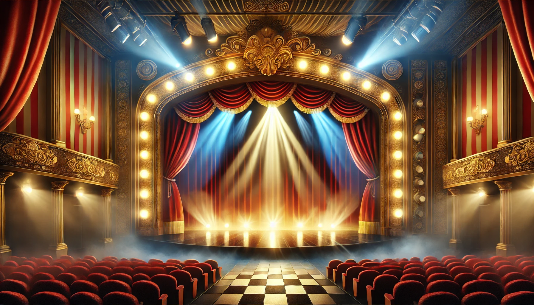 연극/뮤지컬 무대 &ndash; 화려한 조명과 커튼이 있는 생동감 넘치는 무대