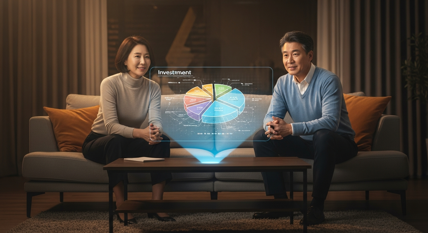 은퇴 후 성공적인 자산 관리를 위해 태블릿으로 미국 주식 포트폴리오와 ETF 수익률을 점검하는 액티브 시니어 부부