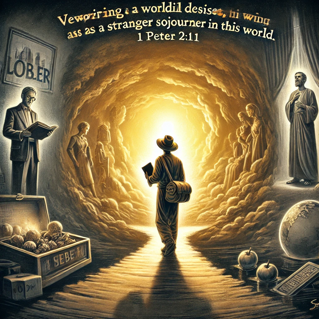 세상의 욕심을 버리고 나그네로서 하나님의 길을 따르는 모습을 상징적으로 표현했습니다. 이 그림이 영적 결단과 삶의 적용에 도움이 되길 바랍니다.