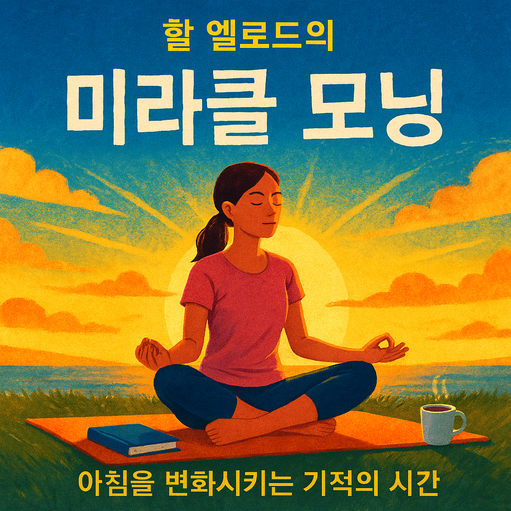 아침 햇살 속 명상하는 사람, 새벽 독서하는 손, 미라클 모닝 루틴 6단계 도식, 기상 후 스트레칭하는 실루엣, 시각화와 자기확언 문장 예시