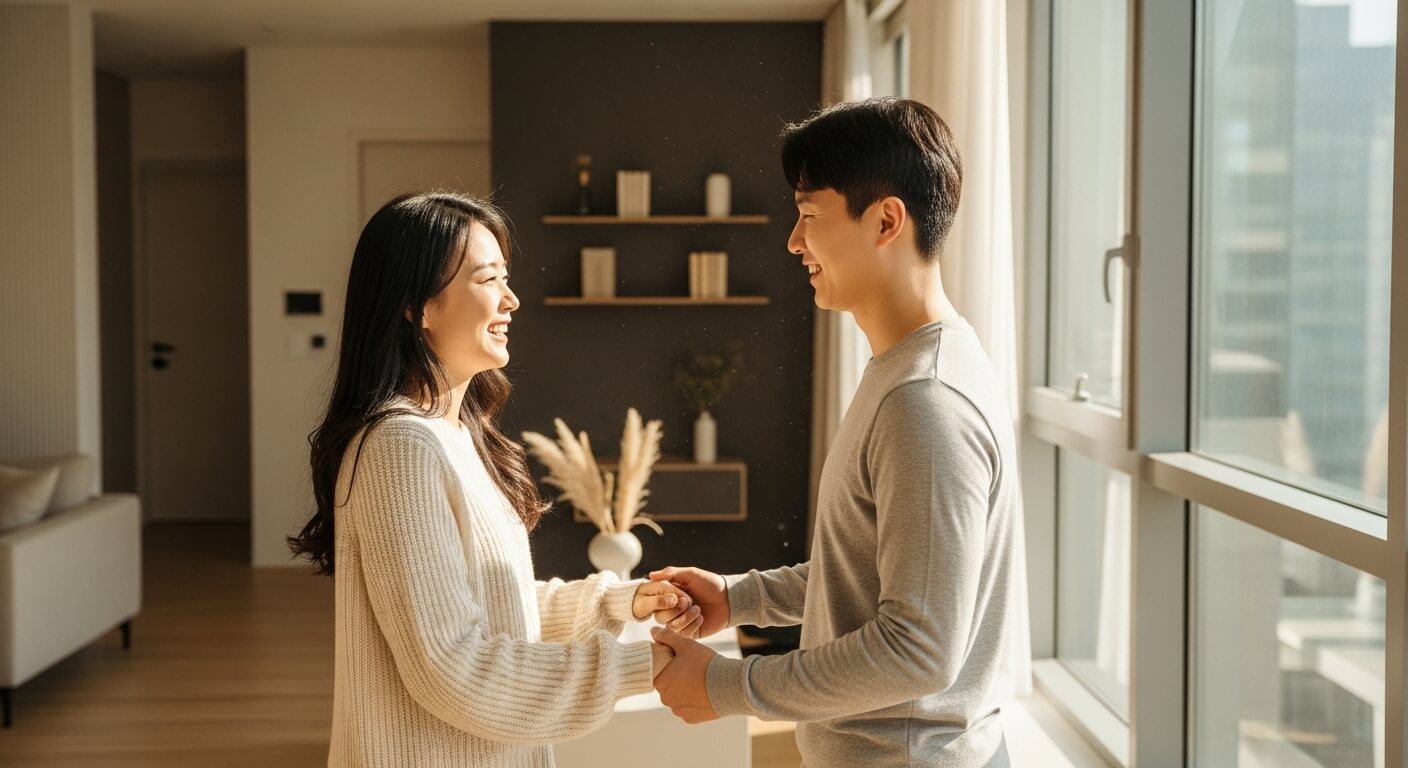 밝은 실내에서 손을 맞잡고 마주 보고 있는 청년 부부