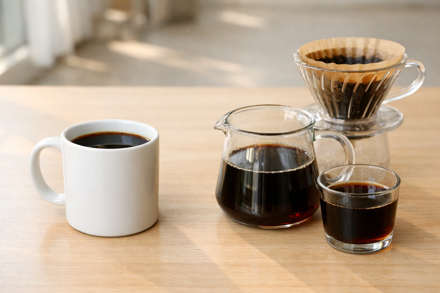 아메리카노와 드립커피를 함께 보여주는 블랙커피 비교 이미지