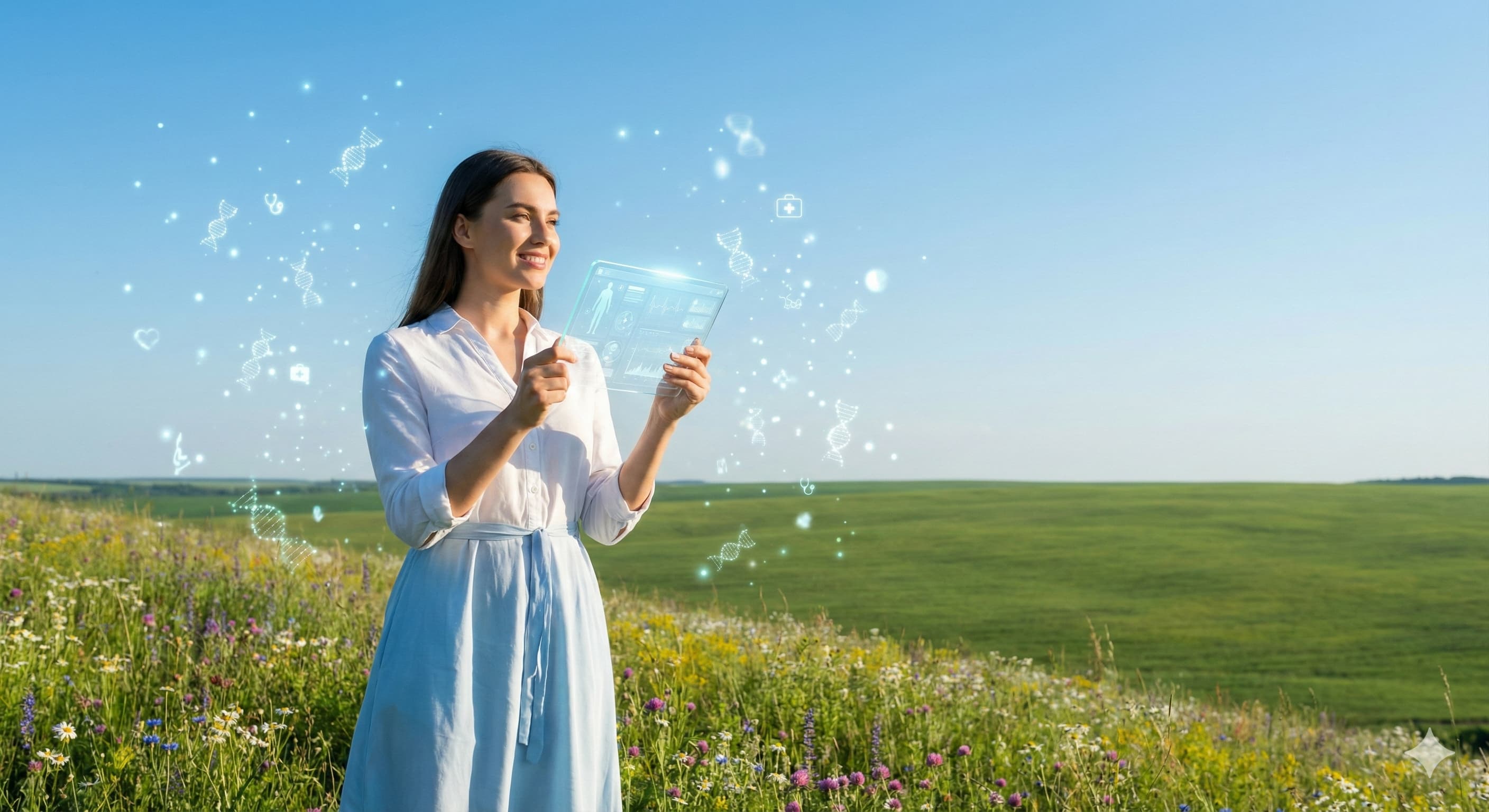 푸른 들판 위에서 태블릿을 들고 미래를 응시하는 지적인 여성 의대생 모델, 지역 인재 양성 이미지