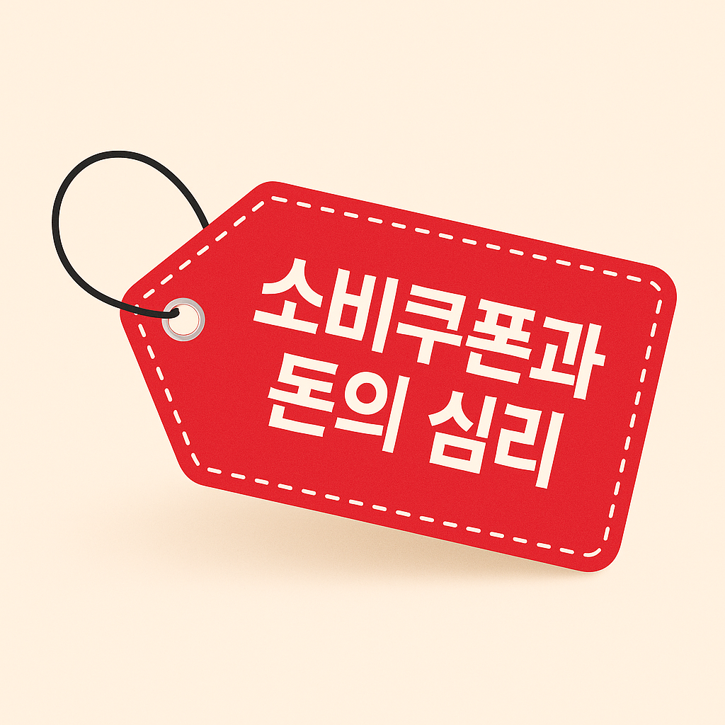 빨간 태그에 적힌 "소비쿠폰과 돈의 심리" 문구 – 소비와 무의식을 연결하는 심플한 키워드 이미지