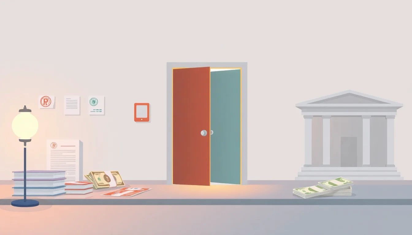 탁자 위에 책, 돈, 서류, 은행 건물이 있는 풍경.