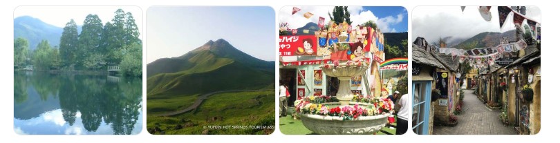 유후인의 대표 명소 긴린코 호수, 유후다케 산, 플로랄 빌리지를 담은 관광 사진