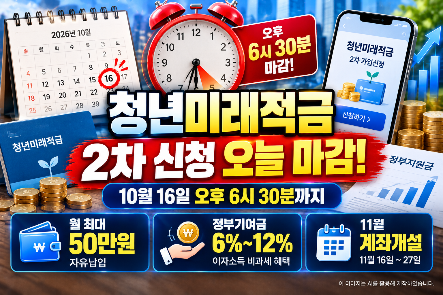 2026년 10월 16일 오후 6시 30분 청년미래적금 2차 가입신청 마감 안내와 월 최대 50만원 납입, 정부기여금 6~12%, 11월 계좌개설 일정을 정리한 대표 이미지