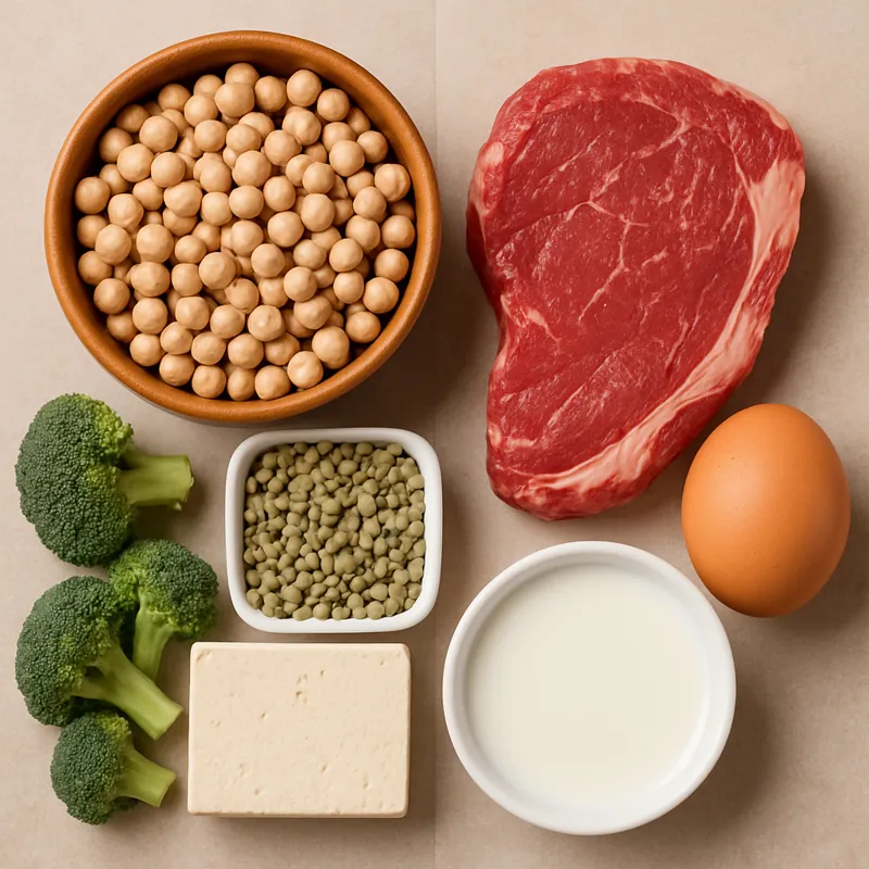 식물성-단백질과-동물성-단백질의-차이를-시각적으로-표현한-이미지로-두-종류의-단백질-식품이-한쪽씩-나뉘어-놓인-모습