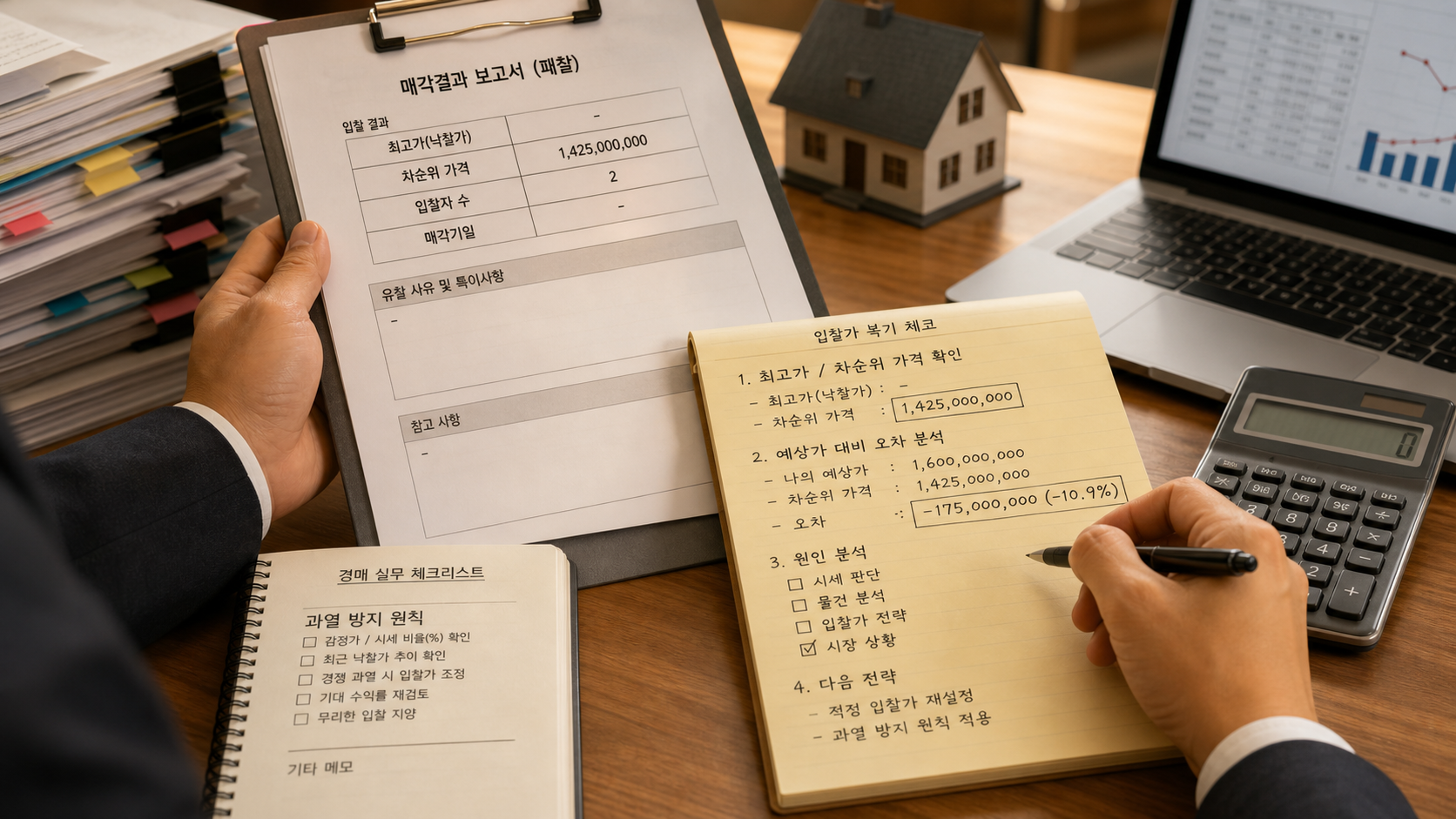 최고가와 차순위 가격를 법원 서류에서 확인하는 모습