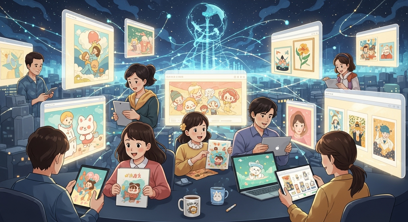 부산일러스트레이션페어 작가들의 온라인 스토어에 접속하여 작품과 굿즈를 감상하고 구매하는 사람들의 모습을 담은 다채로운 일러스트 이미지
