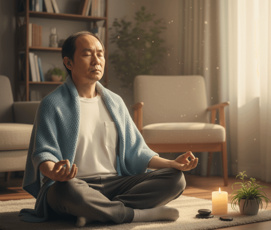 명상, 거실, 쇼파, 의자, 책장, 남성