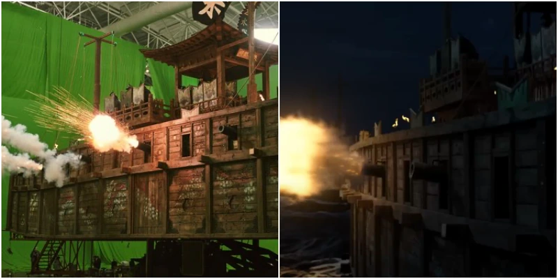 노량: 죽음의 바다에서 판옥선에 대포를 쏘는 장면