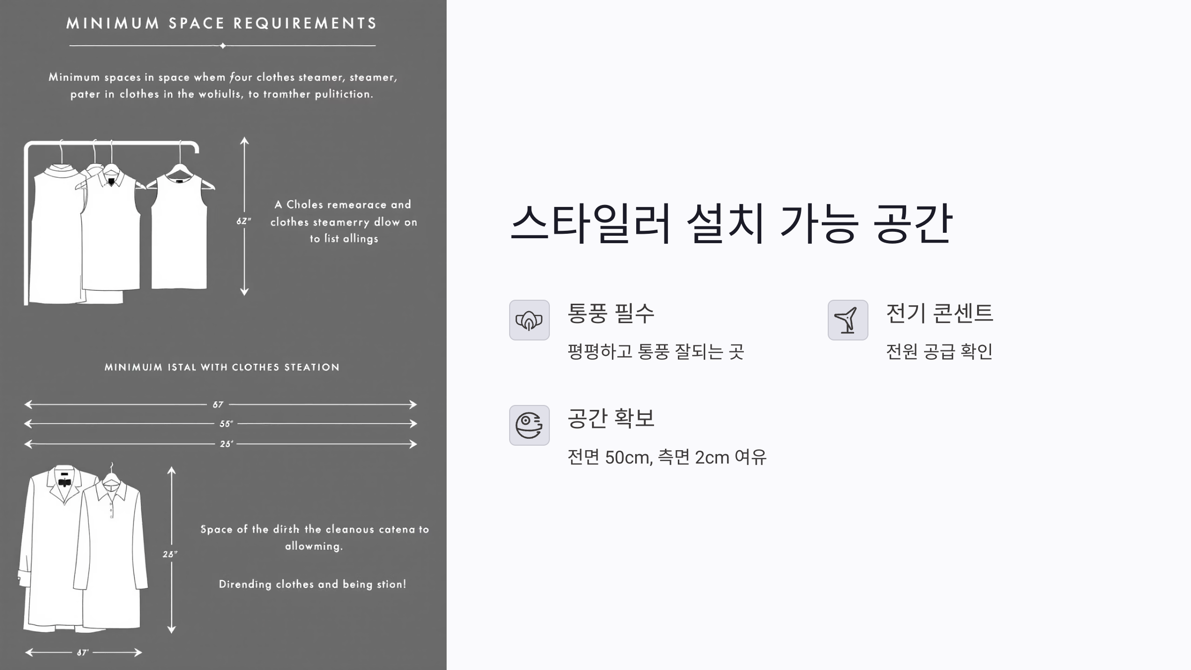 스타일러 설치 가능한 공간 정리
스타일러를 설치할 수 있는 공간은 기본적으로 통풍이 잘되고 평평해야