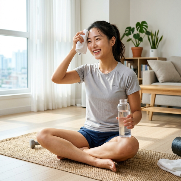 여름철 폭염 속에서도 에어컨 바람 아래 반팔 운동복 차림으로 쾌적하게 공복 홈트를 마치고 수분을 보충하는 여자의 모습