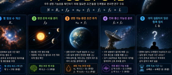 드레이크 방정식 항목별 조건 분해와 외계 행성 데이터를 함께 정리한 인포그래픽