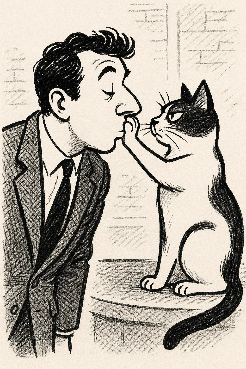 뽀뽀하려는 남자를 막는 고양이