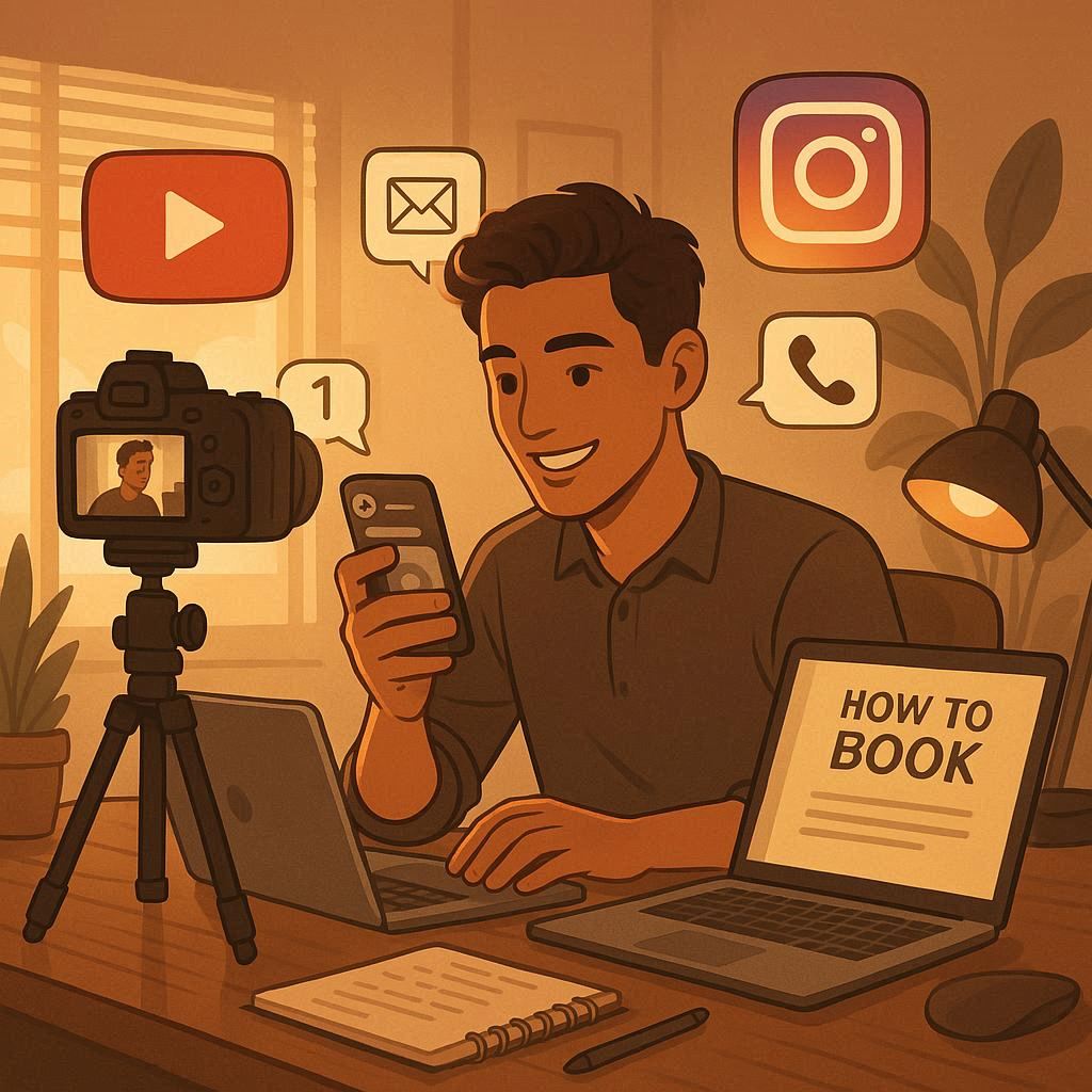 젊은 사업가가 다양한 플랫폼에서 가치 있는 콘텐츠를 제작하는 모습