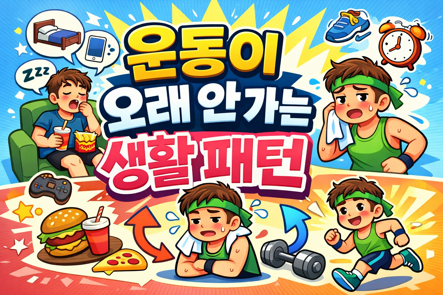 20대 헬스 현실, 운동이 오래 안 가는 생활 패턴을 표현한 2D 일러스트 썸네일