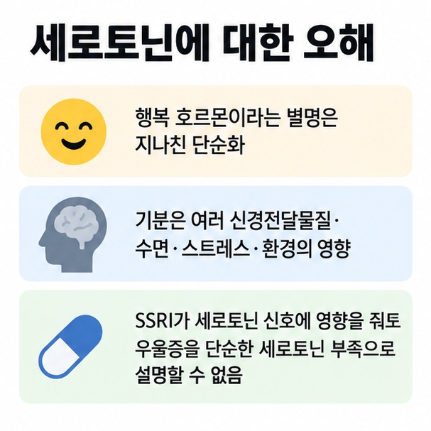 세로토닌이 행복 호르몬으로 불리지만 기분은 여러 신경전달물질과 수면 스트레스 환경의 영향을 받는다는 이미지