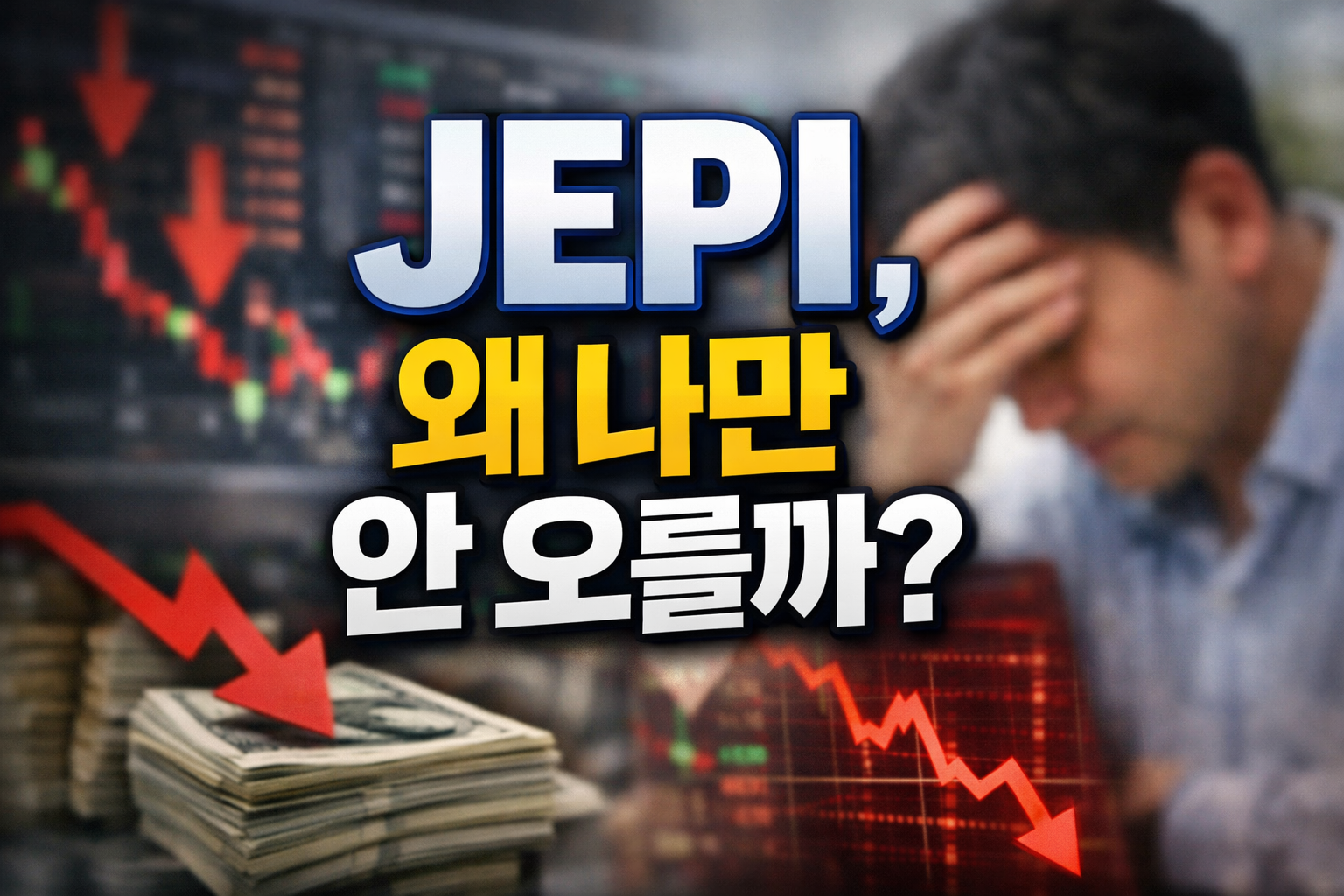 하락하는 주가 차트와 빨간 화살표, 고민하는 남성 투자자와 현금 더미 위에 &ldquo;JEPI 왜 나만 안 오를까?&rdquo;라는 문구가 있는 썸네일 이미지
