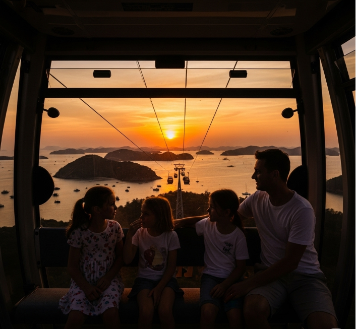 석양이 지는 푸꾸옥 혼똔섬 케이블카를 타고 있는 가족의 실루엣. 창밖으로는 아름다운 섬 풍경이 펼쳐진다.