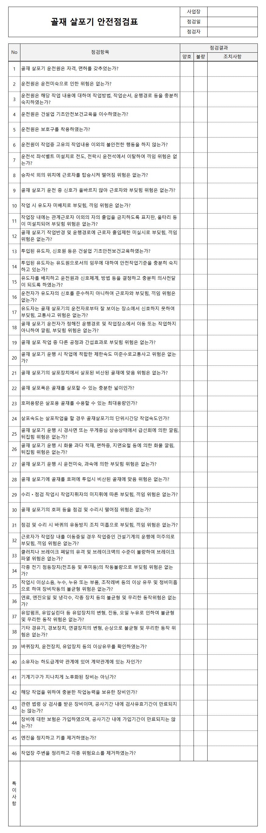 골재 살포기 안전점검표