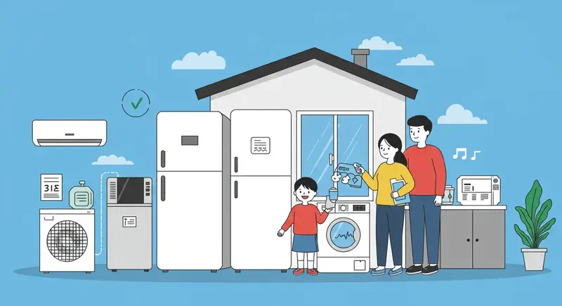 고효율 가전제품 앞에서 환급 혜택을 확인하는 가족의 모습, 에너지 절약 캠페인 일러스트