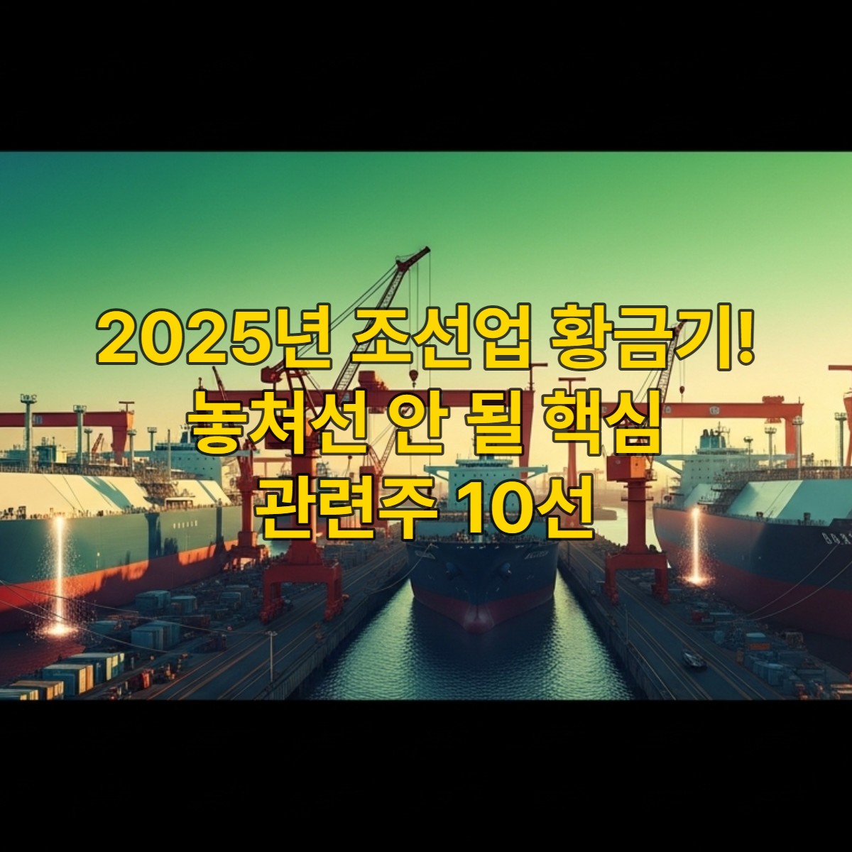 2025년 한국 조선업의 황금기를 상징하는 역동적인 조선소 전경. 첨단 LNG 운반선과 컨테이너선이 건조 중이며, 활기찬 작업 현장과 친환경 기술력이 돋보이는 모습.