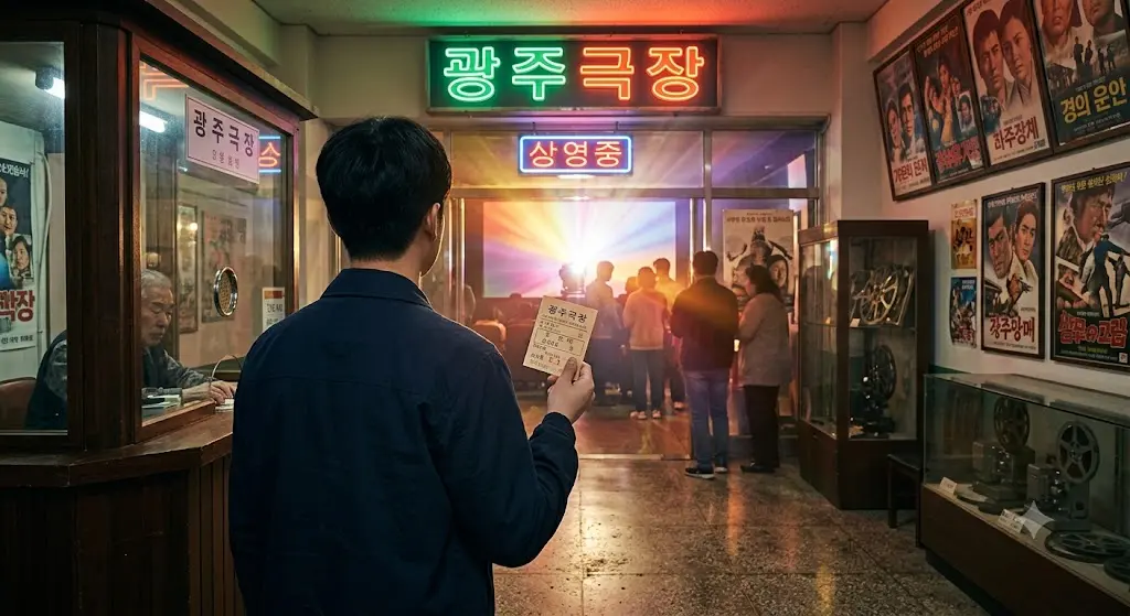 영화관 매표소에서 티켓을 손에 든 사람의 뒷모습