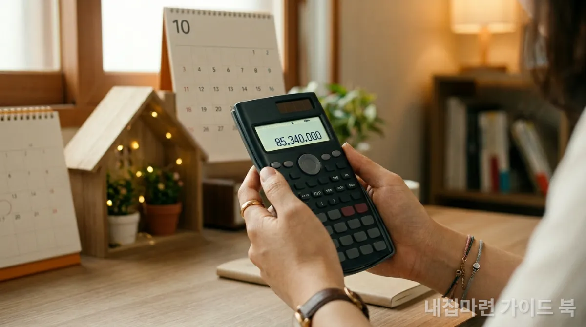 계산기로 절약된 이자를 확인하는 한국인의 손