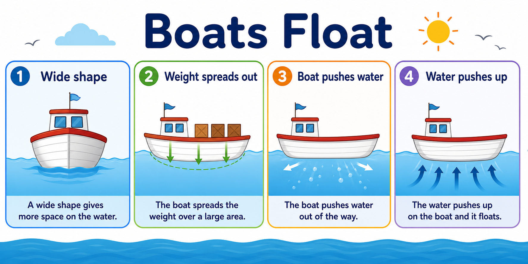 Infographic explaining boat shape, weight, pushed water, and floating