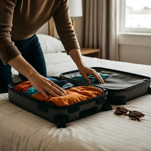 벚꽃 여행 준비를 위해 여행 가방을 싸는 모습