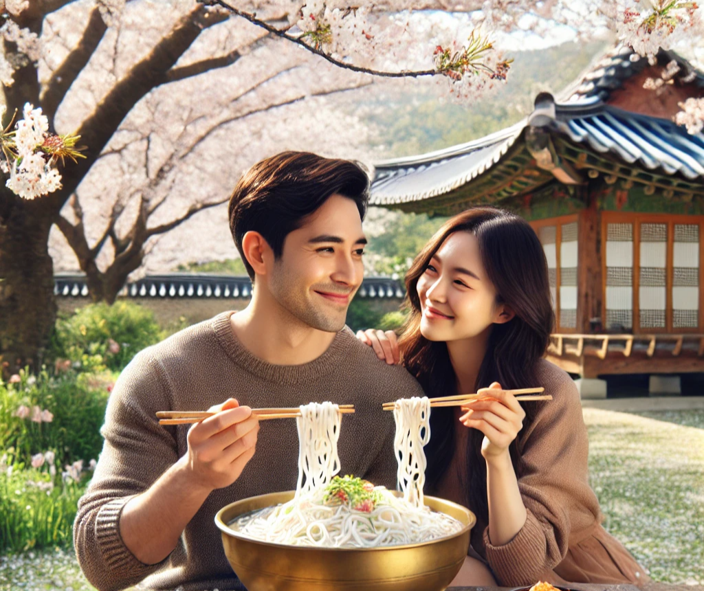 봄에 평양냉면을 먹고 있는 커플