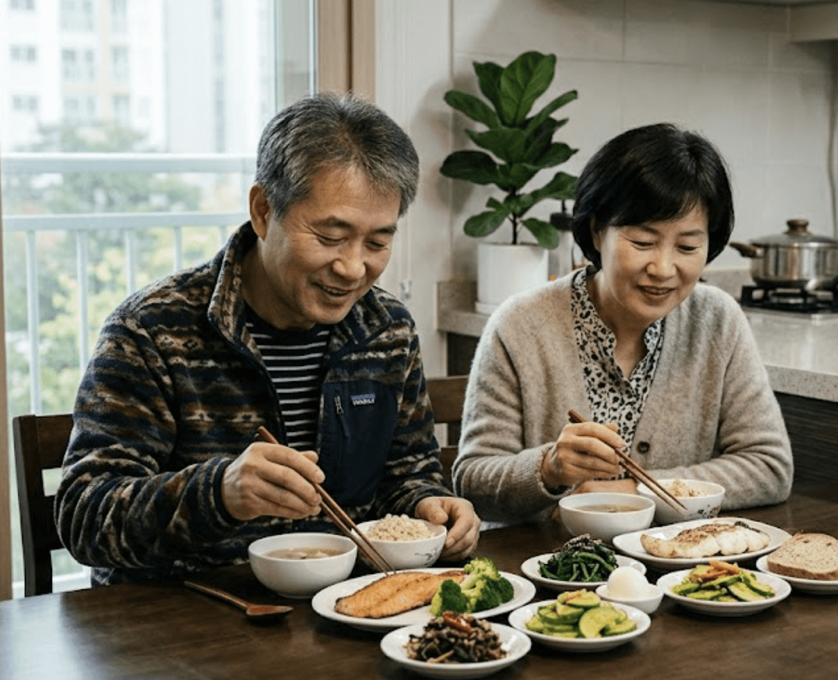 가정집 식탁에서 혈액형별 맞춤 식단 안내판을 옆에 두고, 신선한 연어 구이, 채소 나물, 잡곡밥 등 자신의 혈액형에 맞는 건강한 음식을 즐겁게 섭취하고 있는 중년 부부의 모습