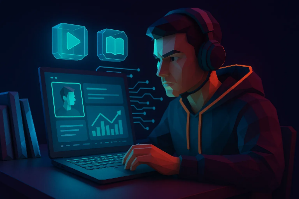 집중하며 온라인 학습 중인 인물의 디지털 아트 일러스트